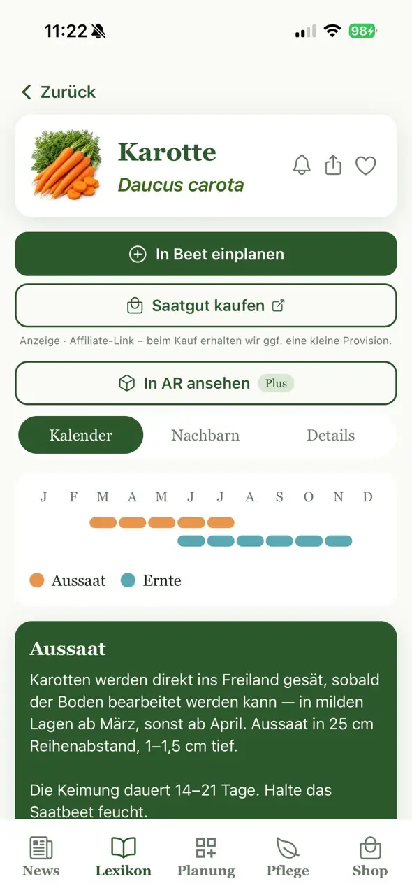Pflanzen-Steckbrief mit Saisonkalender, Aussaat-Beschreibung und In-AR-ansehen-Button